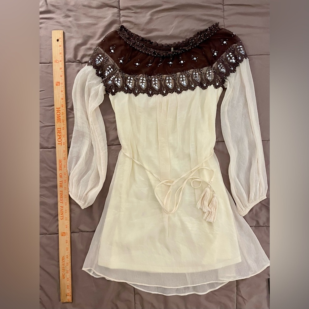 Ryu Cream Sheer Boho dress with Embellished lace and bead Neckline, size small